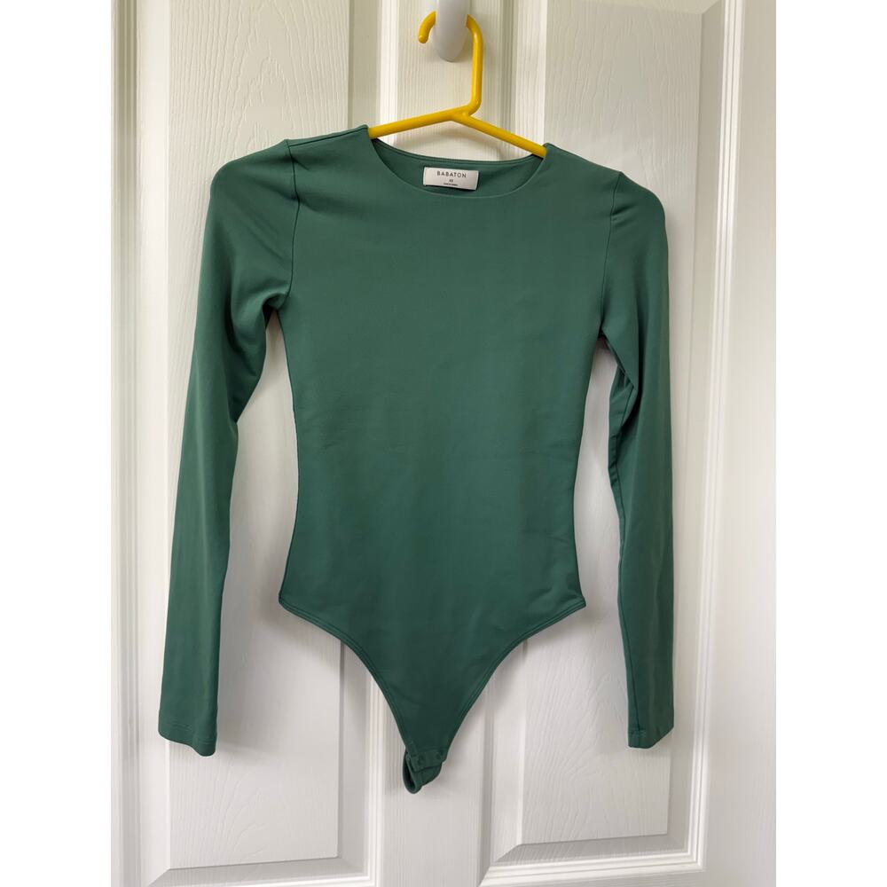 Babaton Aritza green body suit snap closure thong XS long sleeve crew neck